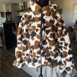 UGG Olympia Faux Shearling Hooded Jacket Cow Print S/M